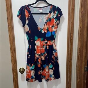Three Hearts Floral Mini Dress - Navy and Orange Small EUC